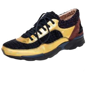 CHANEL Holographic Gold Black Tweed CC Logo Low Top Sneakers Size 38